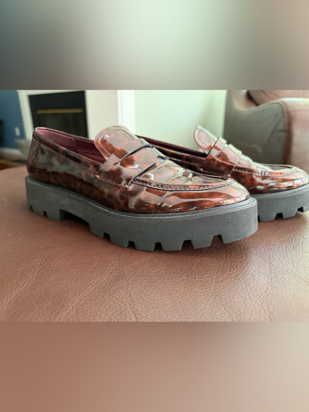 Franco Sarto Tortoiseshell Patent Leather Lug Sole Penny Loafers size 9